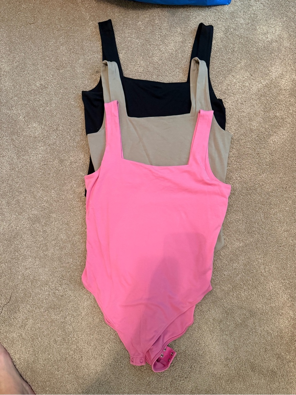 Old Navy Three-Pack Tank Bodysuits in Pink, Tan & Black